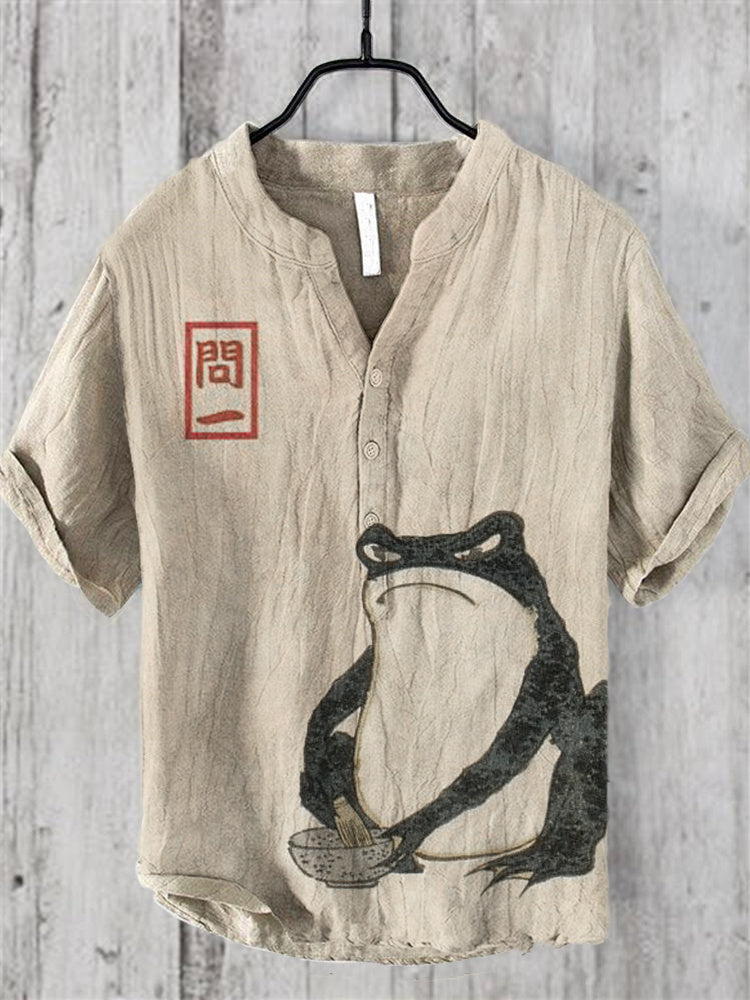 Japanese Art Angry Frog Linen V-Neck Shirt