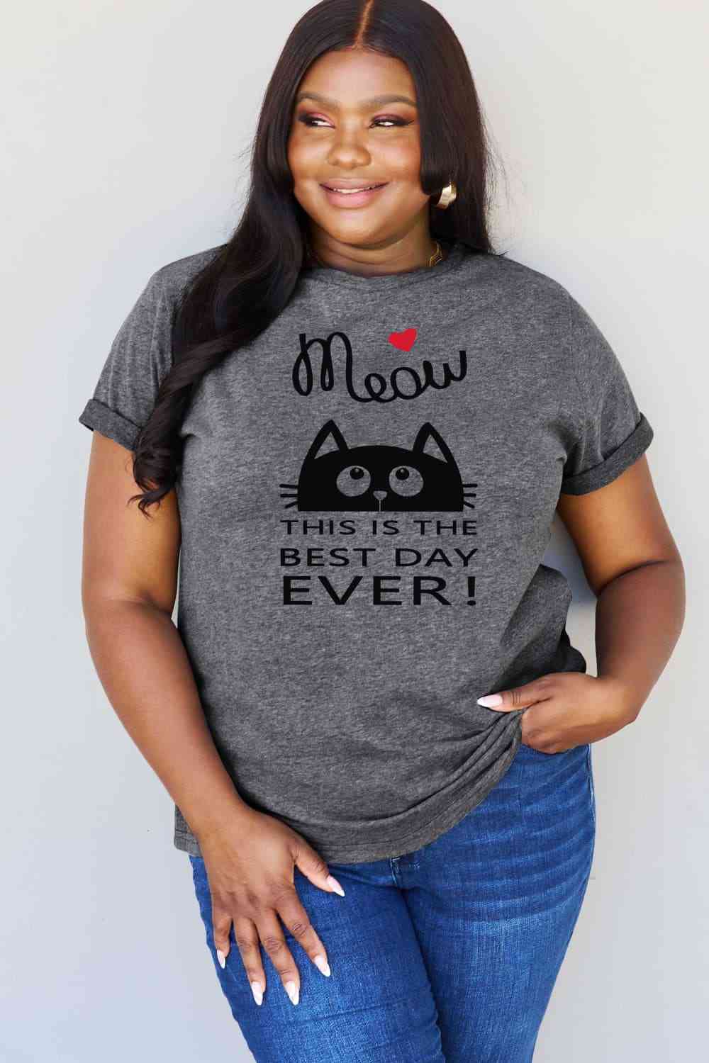 Simply Love Tamaño completo MIAU ¡ESTE ES EL MEJOR DÍA DE TODOS! Camiseta de algodón con gráfico