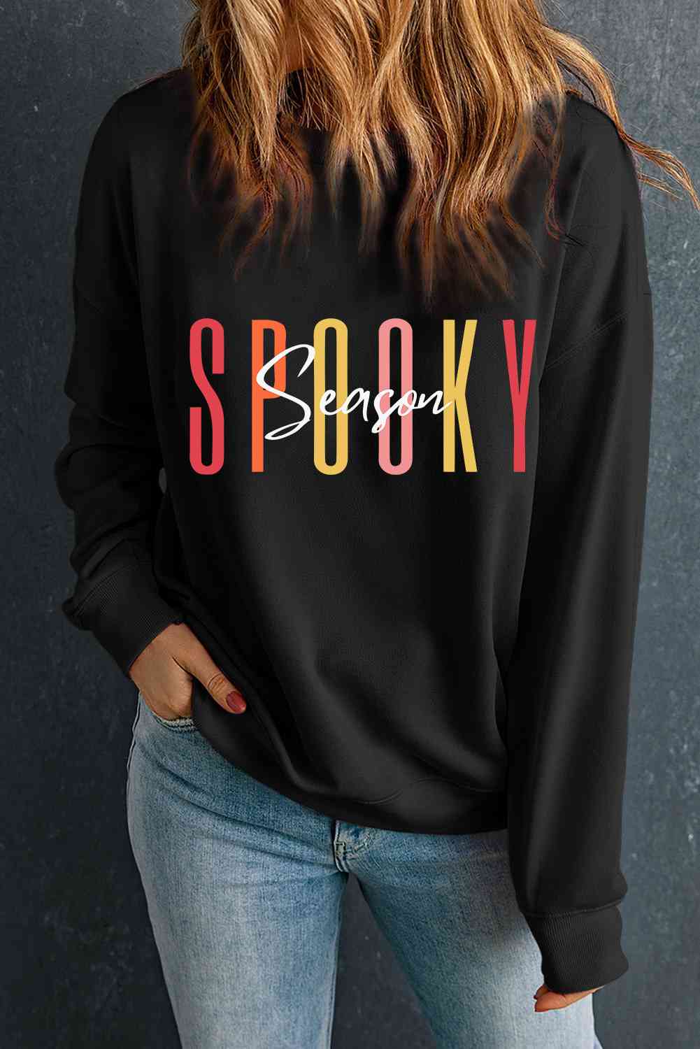 Sudadera con gráfico SPOOKY SEASON de manga larga y cuello redondo