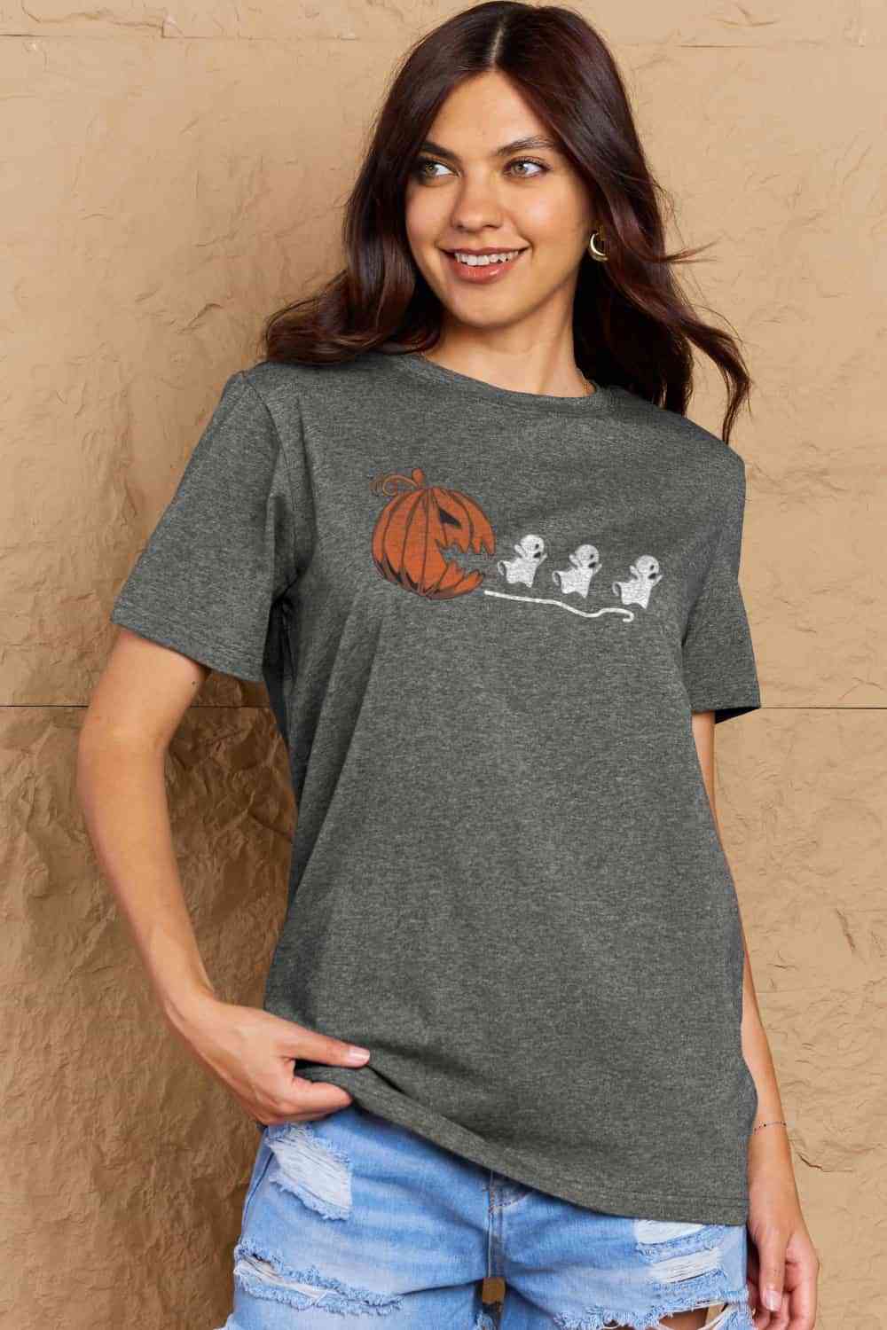 Camiseta de algodón con gráfico Jack-O'-Lantern de tamaño completo de Simply Love