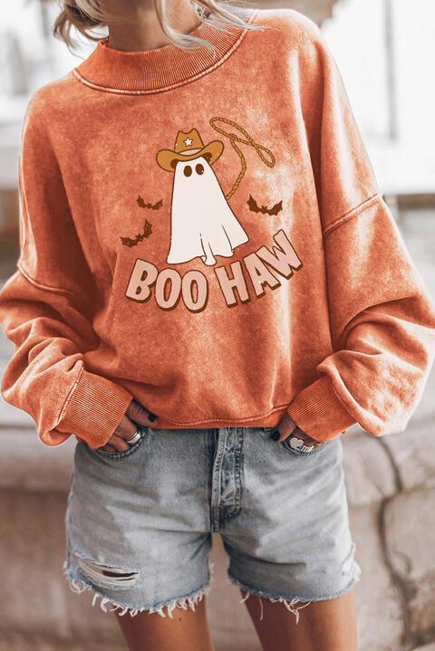 BOO HAW Sudadera con cuello redondo y hombros caídos con gráfico de fantasma