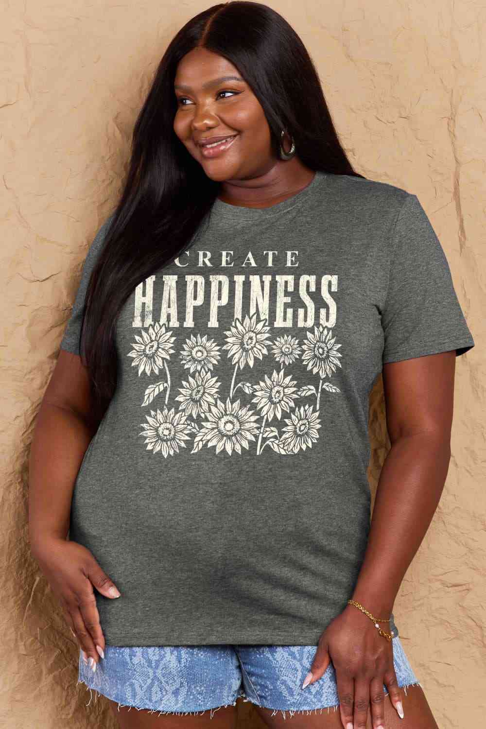 Camiseta de algodón con estampado CREATE HAPPINESS de talla grande de Simply Love