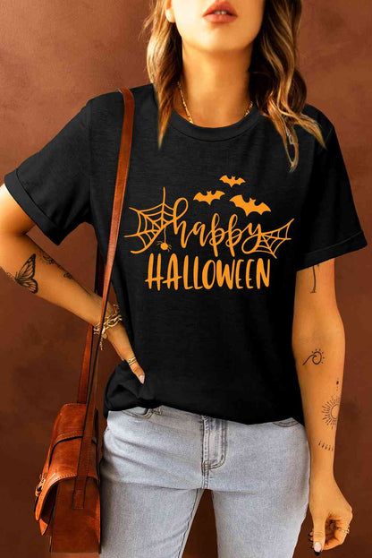 ラウンドネック半袖HAPPY HALLOWEENグラフィックTシャツ