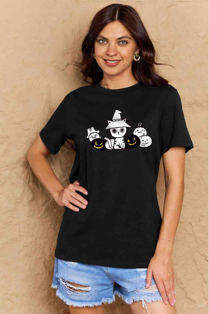 Camiseta de algodón con gráfico de gato y calabaza de tamaño completo de Simply Love