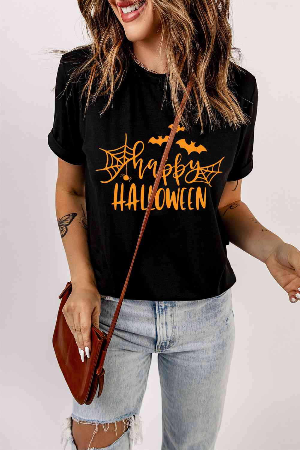 ラウンドネック半袖HAPPY HALLOWEENグラフィックTシャツ