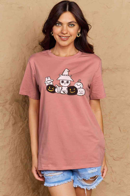 Camiseta de algodón con gráfico de gato y calabaza de tamaño completo de Simply Love