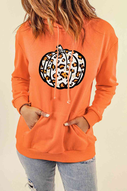 Sudadera con capucha y bolsillo con estampado de calabaza y leopardo