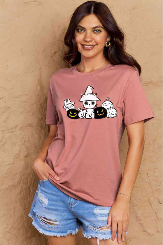 Camiseta de algodón con gráfico de gato y calabaza de tamaño completo de Simply Love