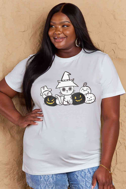 Camiseta de algodón con gráfico de gato y calabaza de tamaño completo de Simply Love