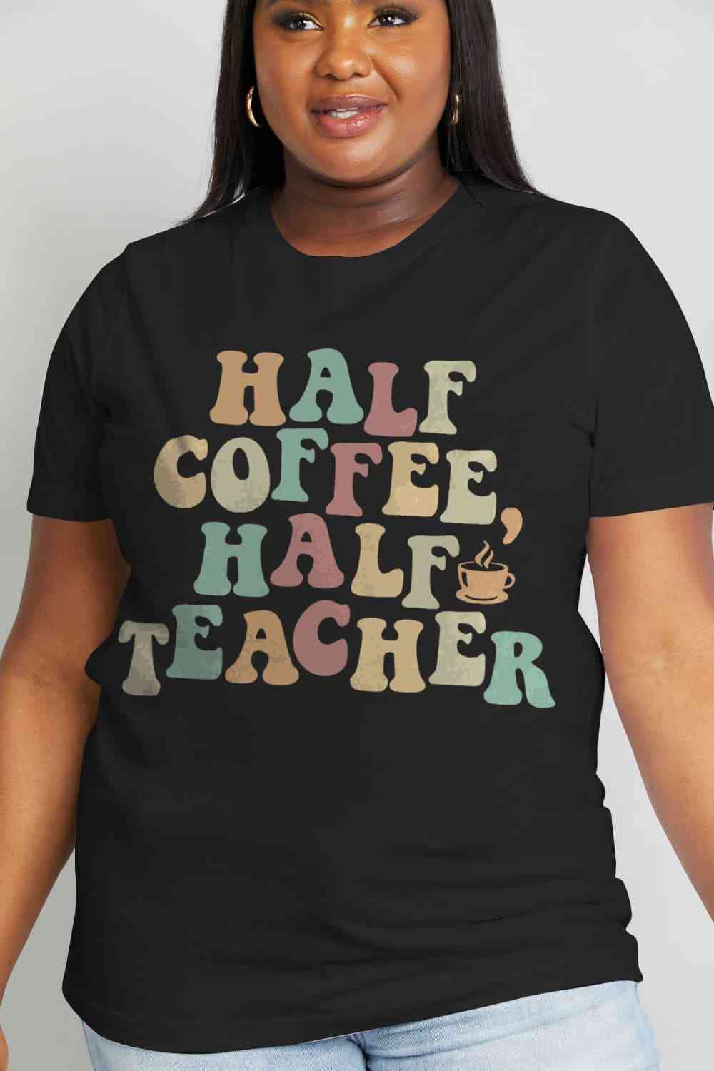 Simply Love フルサイズ HALF COFFEE HALF TEACHER グラフィック コットン T シャツ