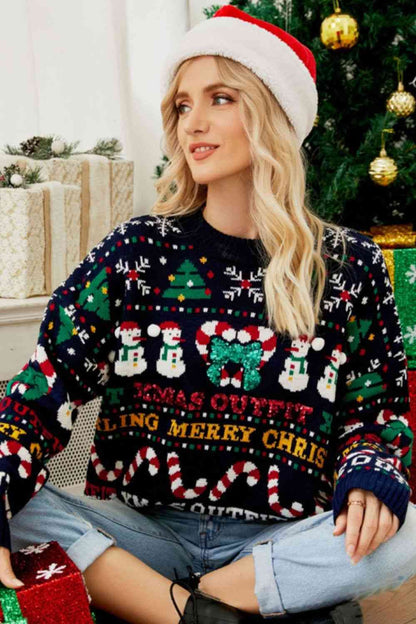 Suéter con hombros caídos y cuello redondo con estampado navideño