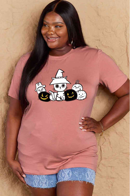 Camiseta de algodón con gráfico de gato y calabaza de tamaño completo de Simply Love