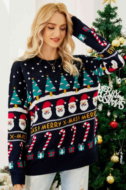 Suéter navideño con ribete de canalé y bastón de caramelo