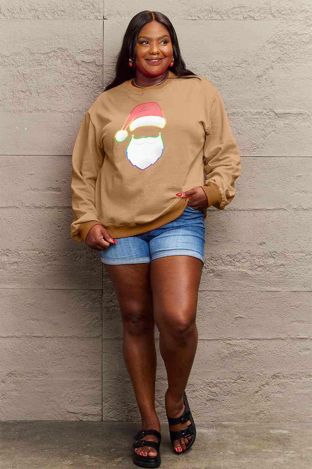 Simply Love Full Size Rainbow Santa Graphic Round Neck Sweatshirt