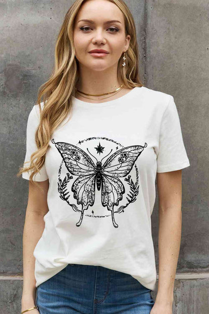 Simply Love Camiseta de algodón con estampado de mariposas de tamaño completo de Simply Love