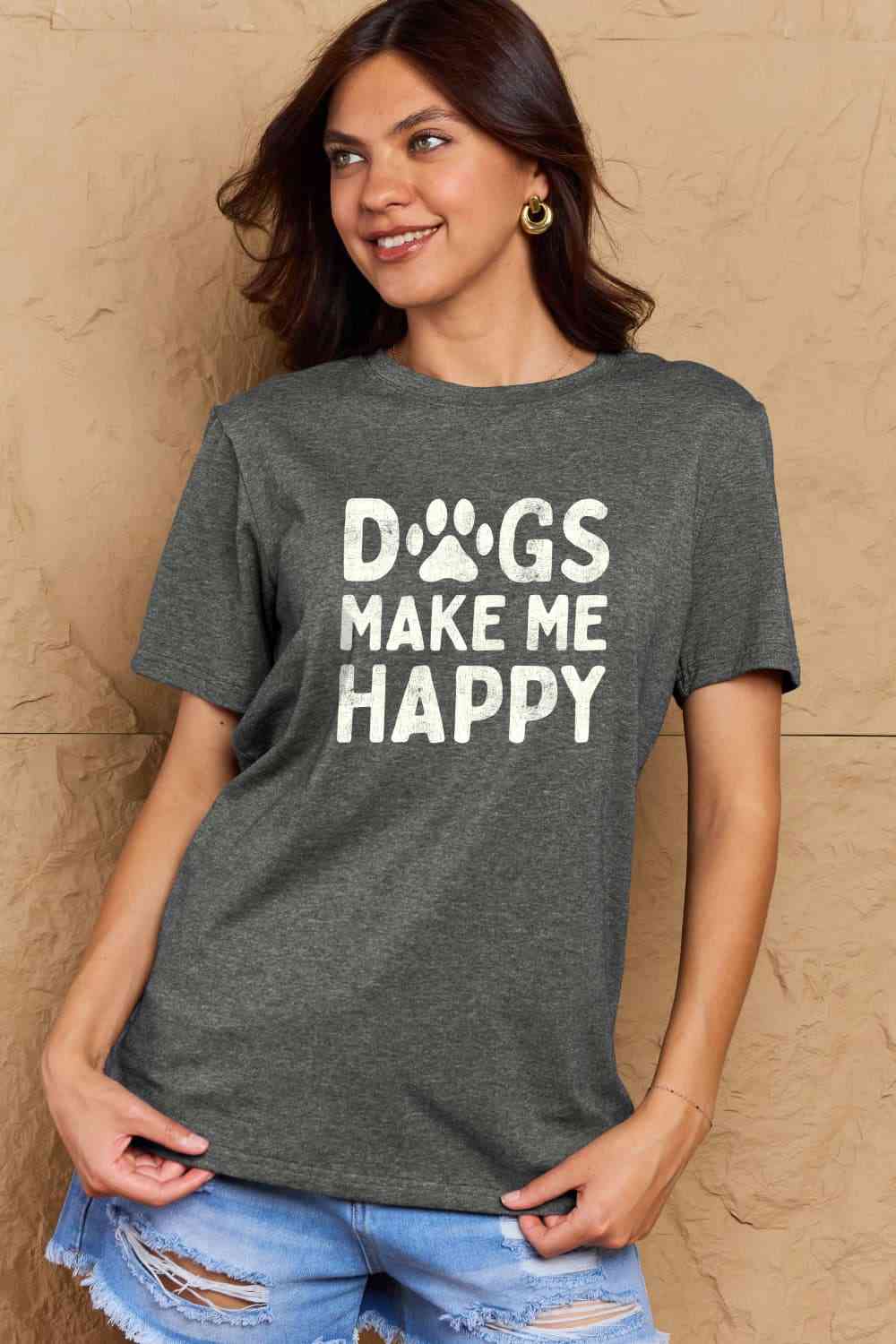 Simply Love フルサイズ DOGS MAKE ME HAPPY グラフィック コットン T シャツ