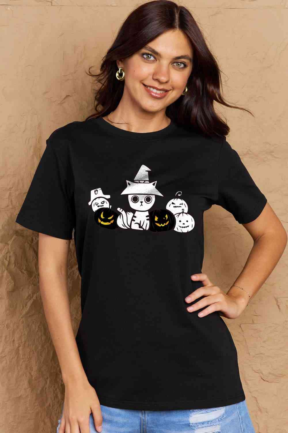 Camiseta de algodón con gráfico de gato y calabaza de tamaño completo de Simply Love