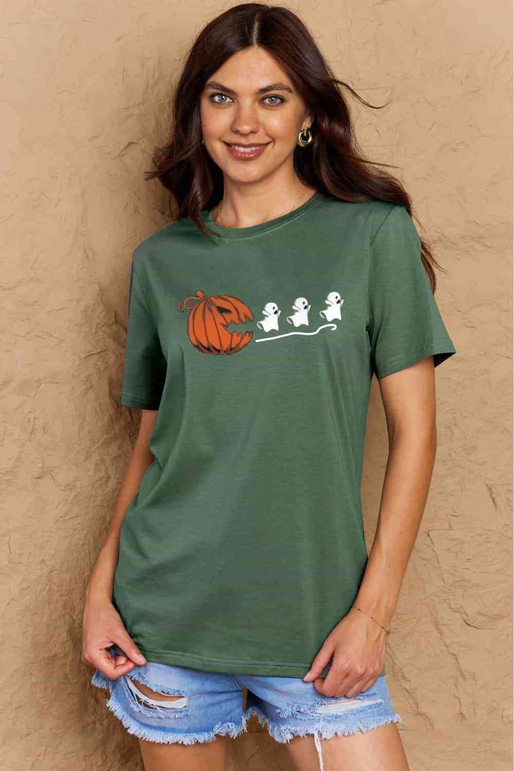 Camiseta de algodón con gráfico Jack-O'-Lantern de tamaño completo de Simply Love