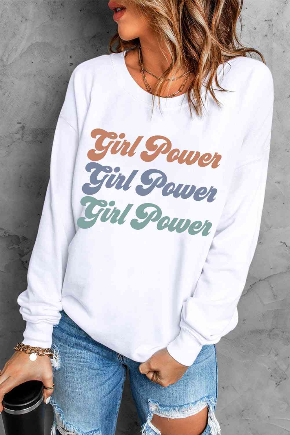 GIRL POWER グラフィック ドロップショルダー スウェットシャツ