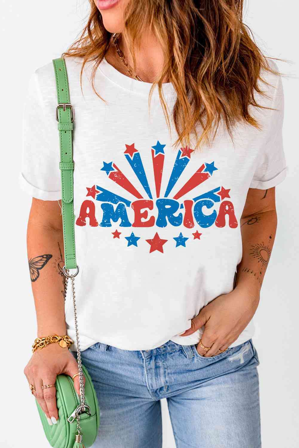 AMERICA スター グラフィック ラウンドネック T シャツ