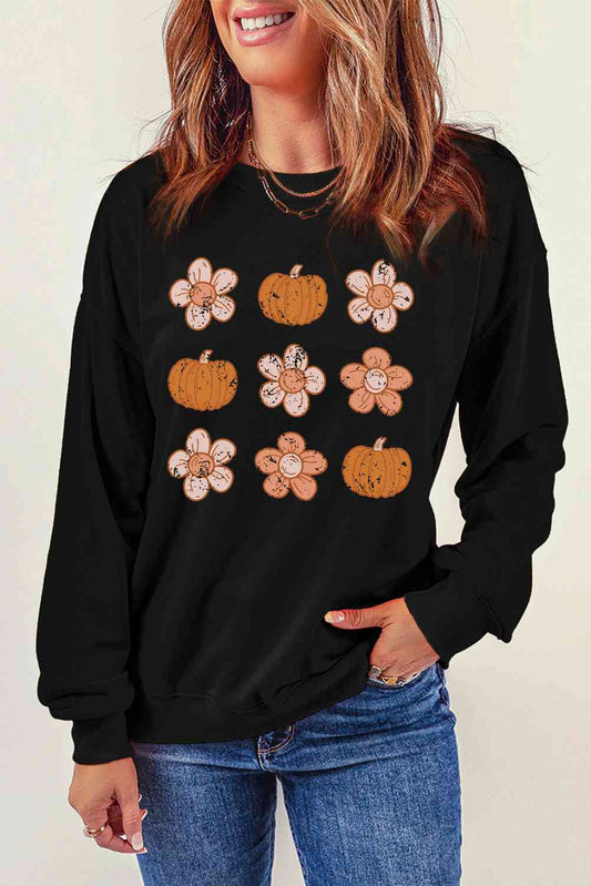 Sudadera con estampado de flores y calabazas de manga larga y cuello redondo de Simply Love