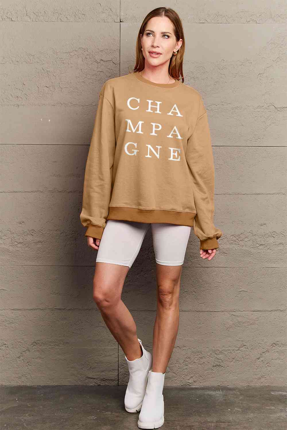 Sudadera de manga larga con estampado CHAMPAGNE de tamaño completo de Simply Love