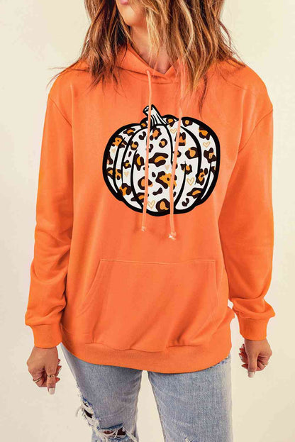 Sudadera con capucha y bolsillo con estampado de calabaza y leopardo