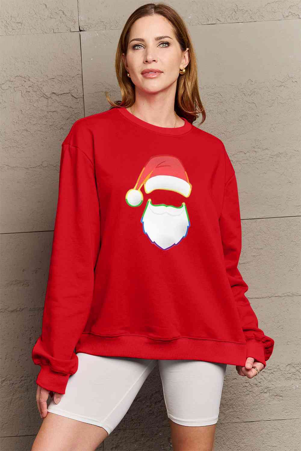 Sudadera con cuello redondo y estampado de Papá Noel arcoíris de tamaño completo de Simply Love