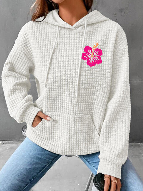 Full Size Flower Graphic Textured Hoodie with Pocket