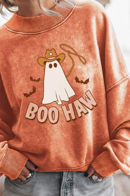 BOO HAW Sudadera con cuello redondo y hombros caídos con gráfico de fantasma