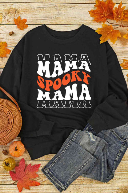 ラウンドネック長袖SPOOKY MAMAスウェットシャツ