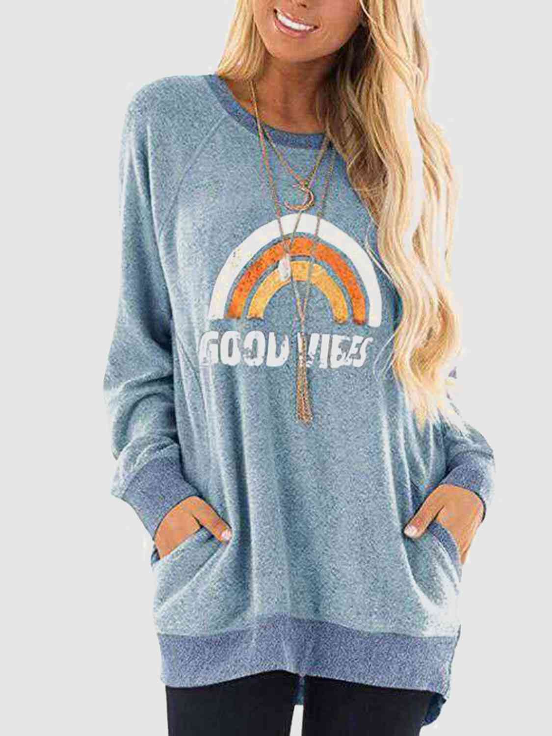 Rainbow Graphic Round Neck Sweatshirt with Pockets