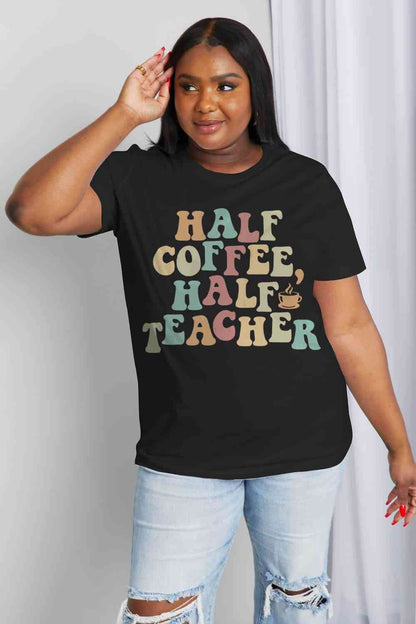 Simply Love フルサイズ HALF COFFEE HALF TEACHER グラフィック コットン T シャツ