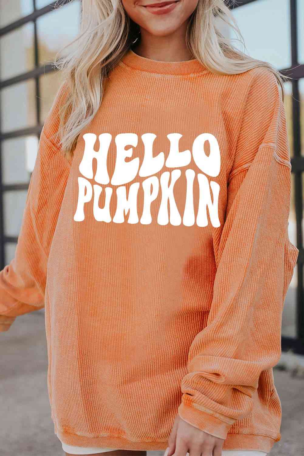 ラウンドネック ドロップショルダー HELLO PUMPKIN グラフィック スウェットシャツ