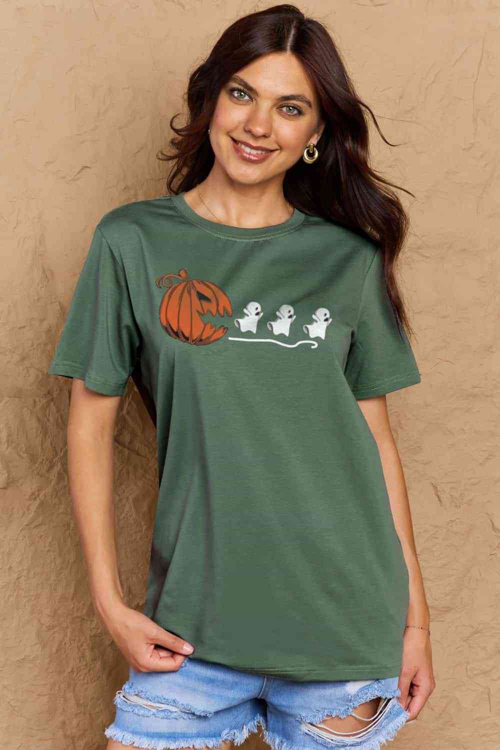 Camiseta de algodón con gráfico Jack-O'-Lantern de tamaño completo de Simply Love