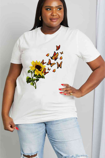 Camiseta de algodón con estampado de mariposas y girasoles de tamaño completo de Simply Love