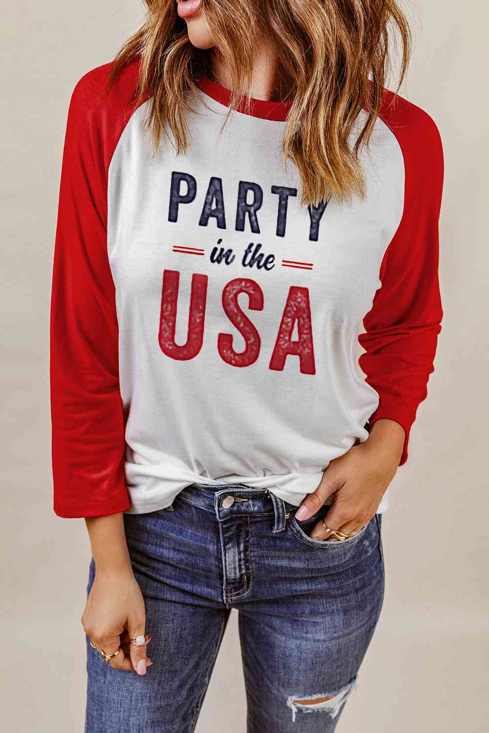 Simply Love PARTY IN THE USA グラフィック ラグラン スリーブ T シャツ