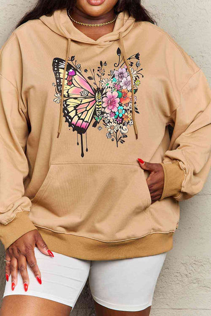 Simply Love Sudadera con capucha de hombros caídos y estampado de mariposas de tamaño completo de Simply Love