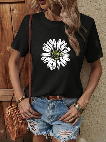 Camiseta con cuello redondo y gráfico de girasol