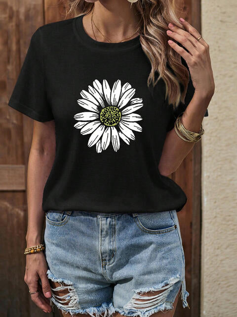 Camiseta con cuello redondo y gráfico de girasol