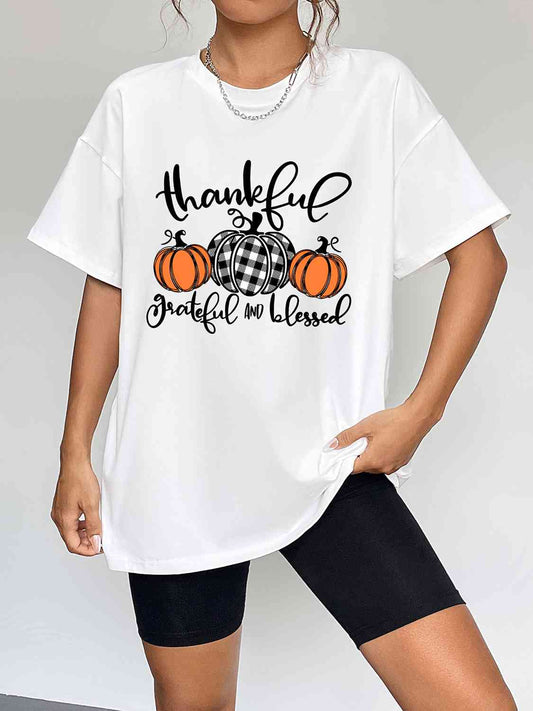 Camiseta gráfica de temporada de otoño de manga corta con cuello redondo