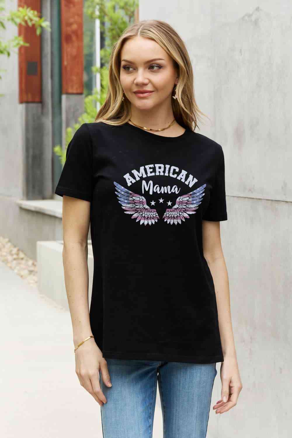 Simply Love AMERICAN MAMA グラフィック コットン T シャツ