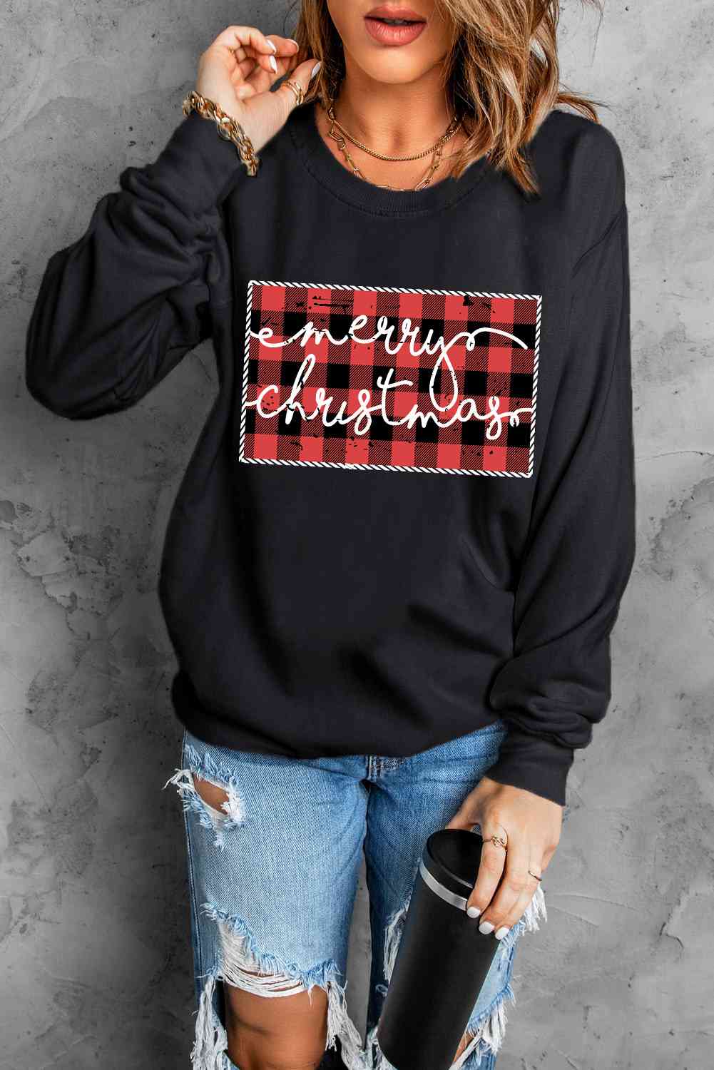 Sudadera con estampado de hombros caídos y cuello redondo