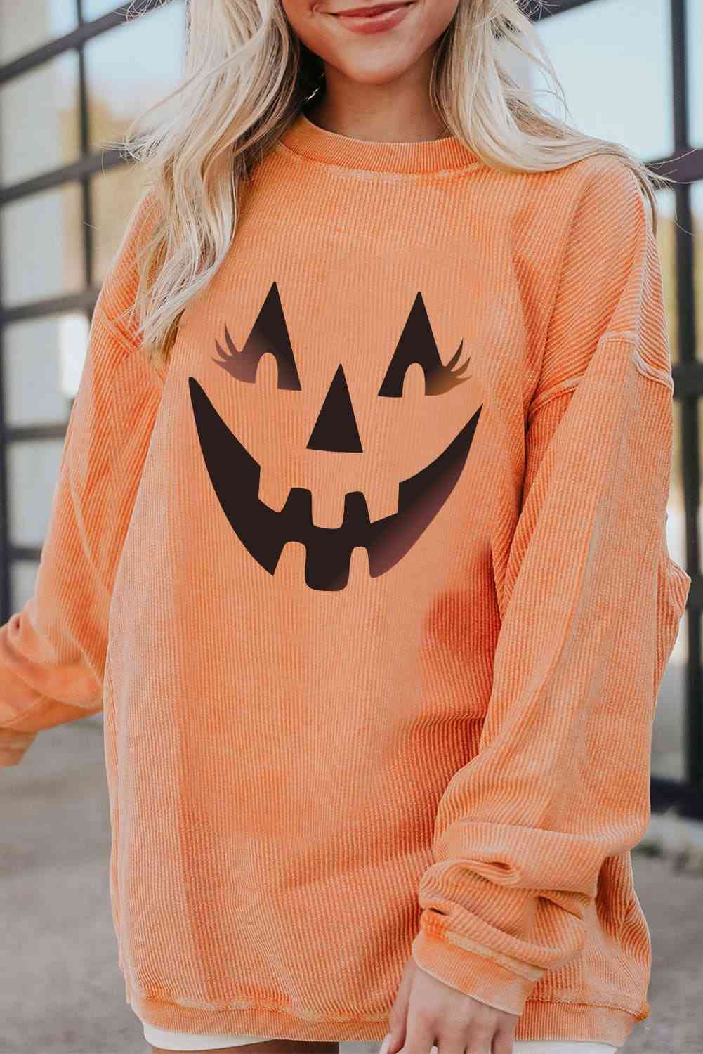 Sudadera con estampado de Jack-O'-Lantern y hombros caídos, cuello redondo