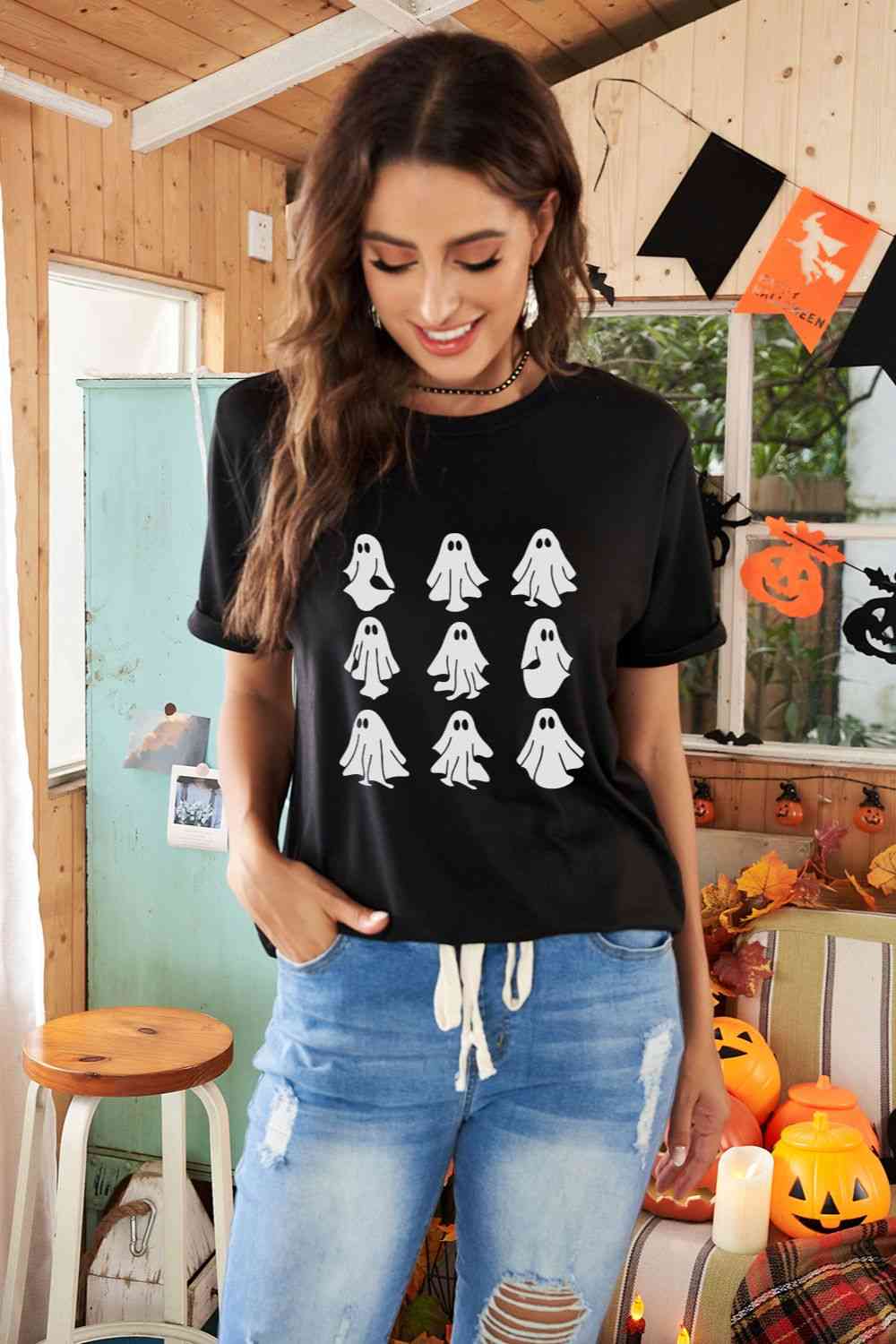 Camiseta con gráfico fantasma de manga corta y cuello redondo