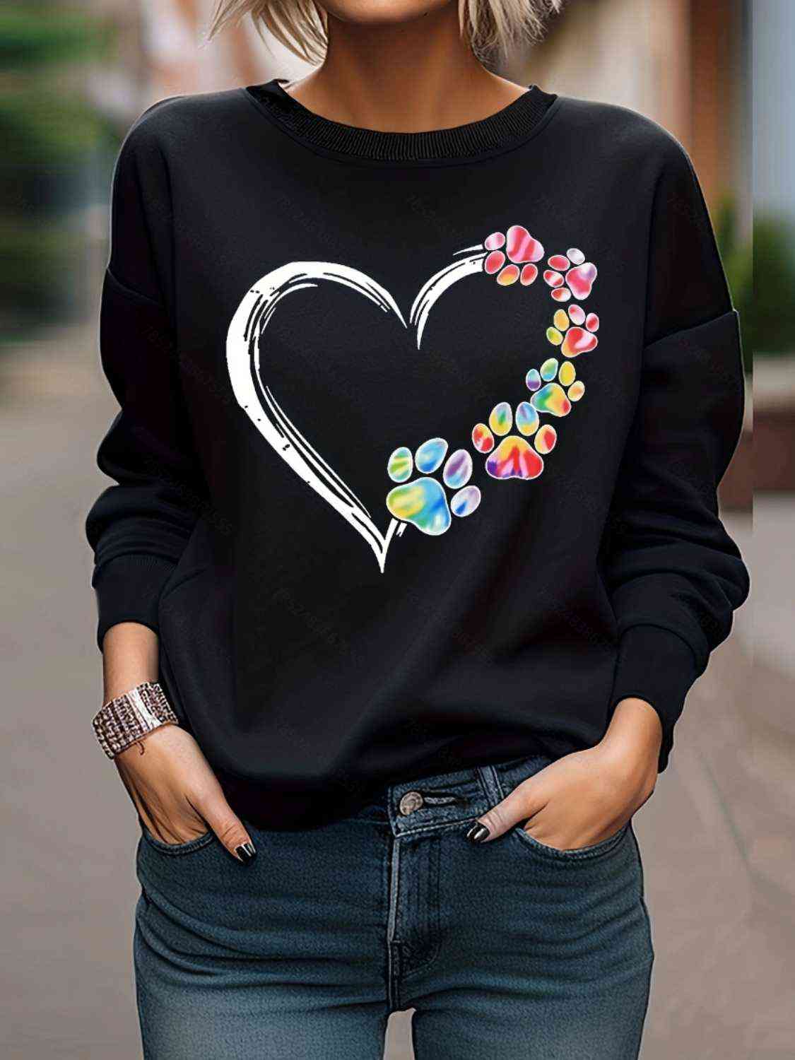 Heart Graphic Round Neck Sweatshirt