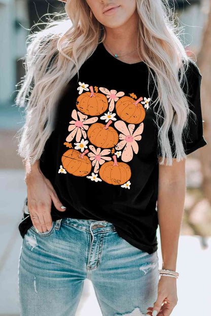 Camiseta con estampado de calabaza y manga corta con cuello redondo