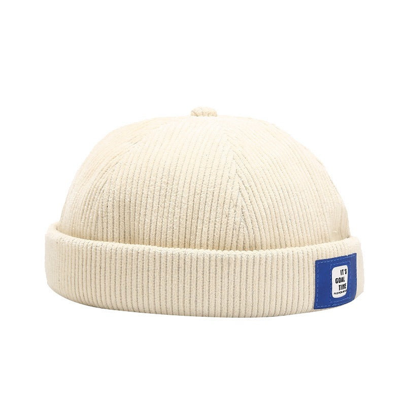 Pandaize Rolled-Edge Corduroy Hat with Letter Patches: Vintage Docker Style + Buckle Decor