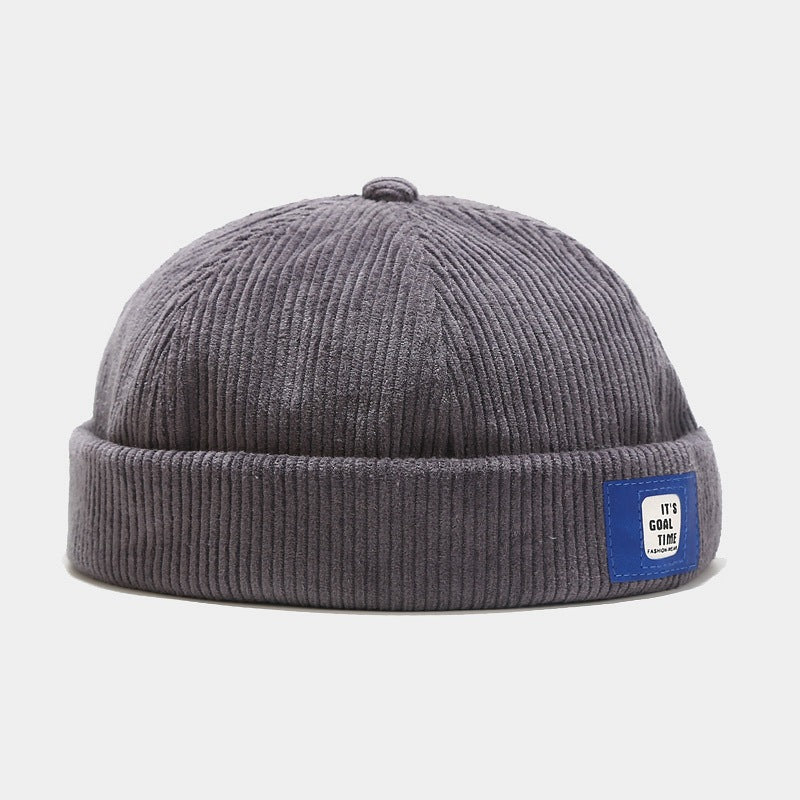 Gorro de pana con borde enrollado y parches de letras de Pandaize: estilo Docker vintage + decoración con hebilla