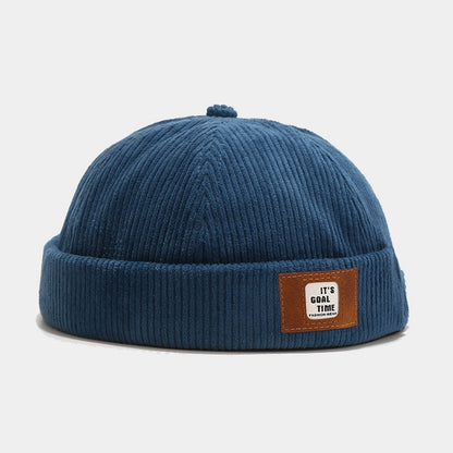 Gorro de pana con borde enrollado y parches de letras de Pandaize: estilo Docker vintage + decoración con hebilla